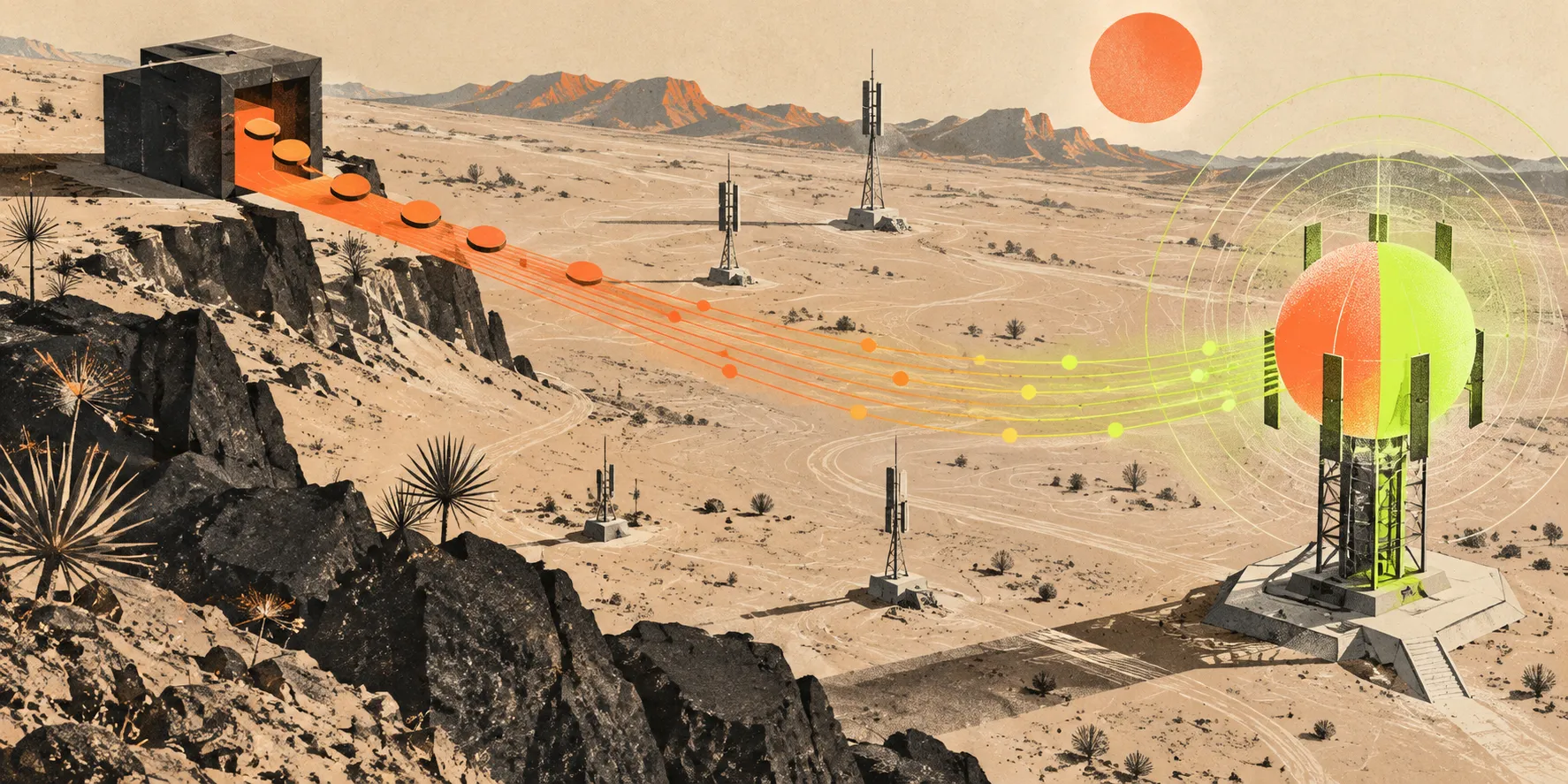 Abstract radio field illustrating value moving from a dark Bitcoin-side node to a Helium network beacon